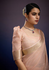 Elegant Blush Aura Linen Tissue Silk Saree with Designer Woven Border